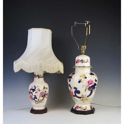 1878 - A Masons Ironstone table lamp of octagonal baluster form, with floral decoration in the Imari palett... 