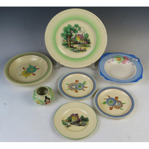 1882 - Four assorted Clarice Cliff bowls and plates, assorted patterns together with other dishes and posy ... 