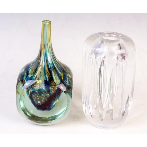 1893 - A Mdina variegated glass vase of square outline with slender neck, 18cm high, together with a clear ... 