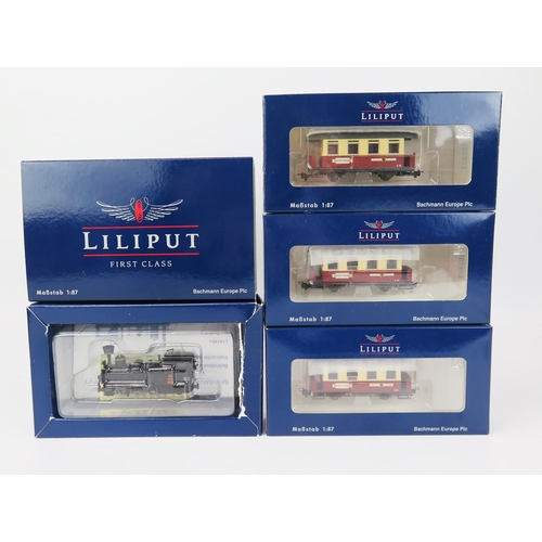 2189 - Bachmann Liliput H0e / N Gauge L141484 0-6-2 Tank Loco and x3 L370410 Passenger Cars