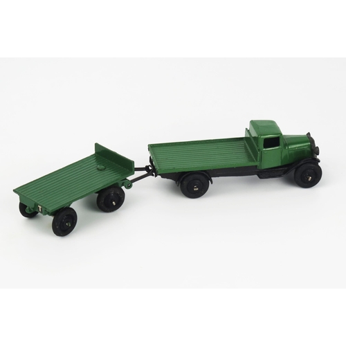 2436 - Dinky 25c Flat Truck (Type 3) and matching 25g Trailer - green, black chassis and ridged hubs, tinpl... 