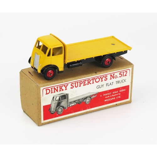 2444 - Dinky Toys 512 Guy Flat Truck (1st type cab) - yellow cab and back, black chassis, red ridged hubs, ... 