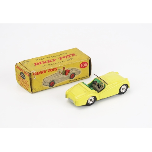 2459 - Dinky 105 Triumph TR2 Sports - lemon yellow, pale green interior, rarer spun hubs, grey driver - exc... 