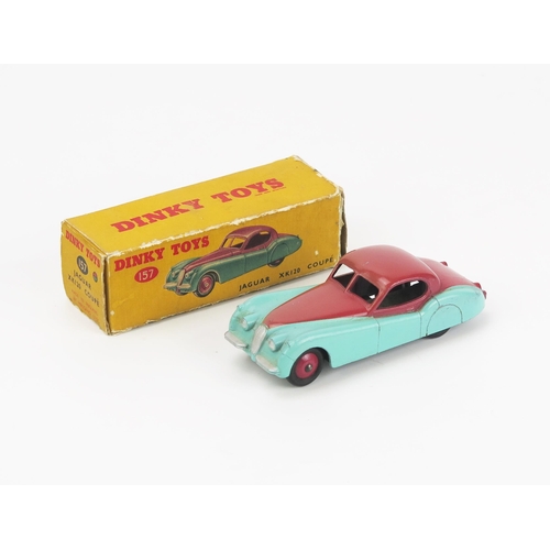 2467 - Dinky 157 Jaguar XK120 Coupe - two tone turquoise and cerise, cerise ridged hubs, smooth tyres - nea... 