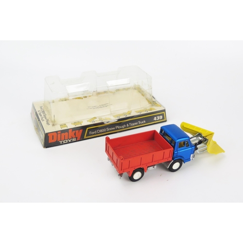 2477 - Dinky 439 Ford D800 Snow Plough & Tipper Truck - metallic blue, yellow snow plough, orange back, sil... 