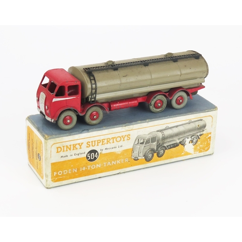 2482 - Dinky 504 Foden 14 Ton Tanker (1st type) - red body and chassis, silver flash, fawn tank, red ridged... 