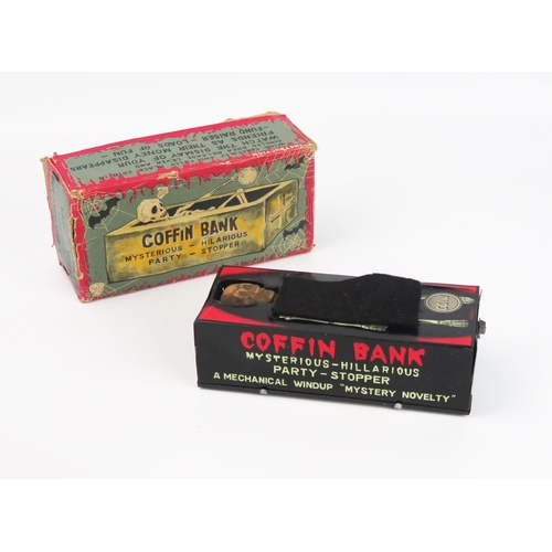 2583 - Yone (Japan) 1960's Mechanical Windup Coffin Bank - excellent and working in box