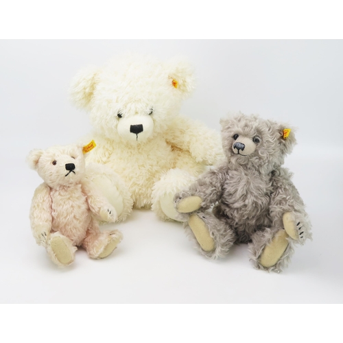 2620 - Steiff Teddy Bear Trio, two jointed, grey 669712 with growler,  white-pink 000782 and white large se... 