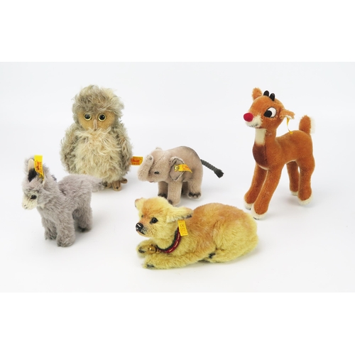 2629 - Group of Small Steiff Animals including Rudolph The Red Nose Reindeer 681011, Wittie Eule Owl 033315... 