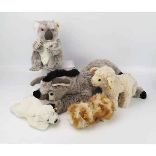 2631 - Steiff Group of Animals including Issy Esel Donkey 102004, Lamb 073205, Guinea Pig 071829, Koala 060... 