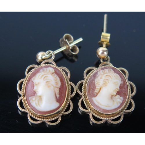 725 - A Pair of 9ct Gold Shell Cameo Pendant Earrings, stamped 9CT, 22mm drop, 3.6g