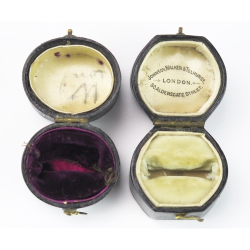 775 - Two Antique Leather Oval Ring/ Jewellery Boxes, silk lined, one Johnson, Walker and Tolhurst, (2).