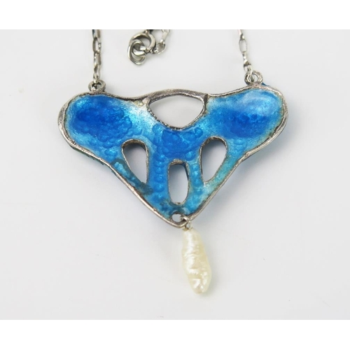 849 - An Arts and Crafts Silver and Enamel Pendant, with pearl drop (untested), fine silver chain, 7.8g to... 