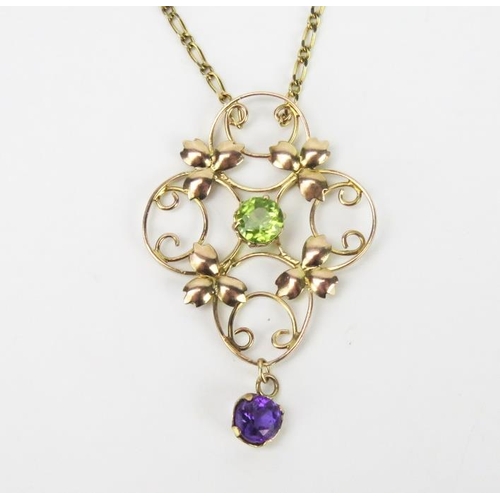 854 - An Antique 9ct Gold Pendant and Chain, lobbed wire frame, surrounding a Peridot above an Amethyst dr... 