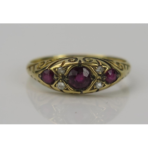 915 - An Antique Ruby, Diamond and 18ct Gold Ring, 4.2mm central circular stone, size J, 2g, Birmingham 19... 