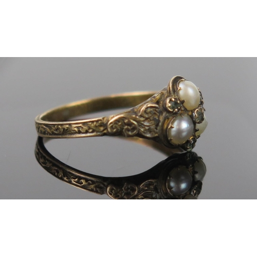 974 - Antique Pearl, Diamond and Yellow Metal Ring, not marked, size L.5, 1.9g (untested)