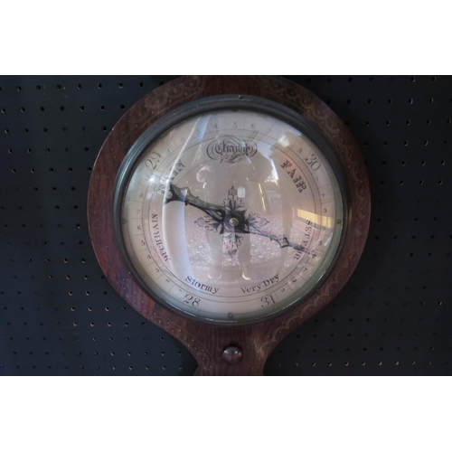 1650 - A simulated rosewood and inlaid cased wheel barometer, with broken swan neck pediment, hygrometer, a... 