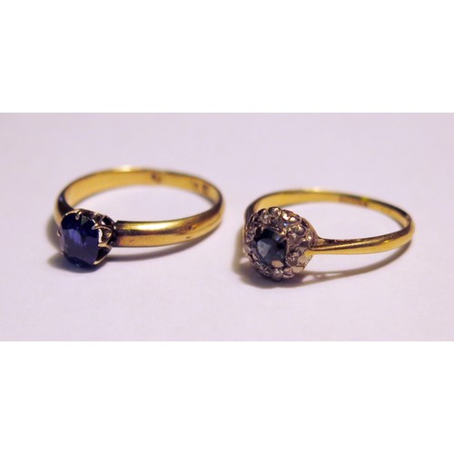 1030 - An 18ct Gold and Sapphire Solitaire Ring (size P.5, 2.8g) and an 18ct gold, sapphire and diamond rin... 