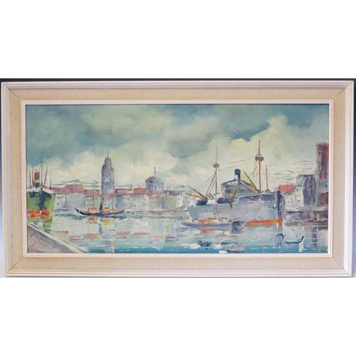 1369 - Industrial Harbour Scene, signed 20th century European school, oil on canvas, 90x50cm including fram... 