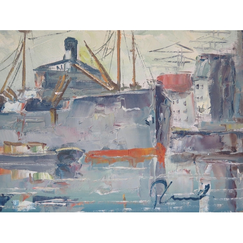 1369 - Industrial Harbour Scene, signed 20th century European school, oil on canvas, 90x50cm including fram... 