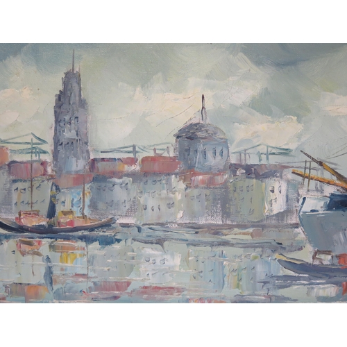 1369 - Industrial Harbour Scene, signed 20th century European school, oil on canvas, 90x50cm including fram... 