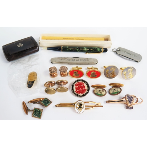 841A - A collection of cuff links, 6 pairs, two tie clips, a Guinness penknife and pin, Whitbread Darts, an... 