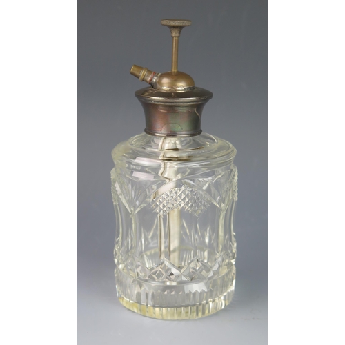 685 - A clear glass and silver plate mounted atomiser, of cylindrical form with hobnail and palmette decor... 