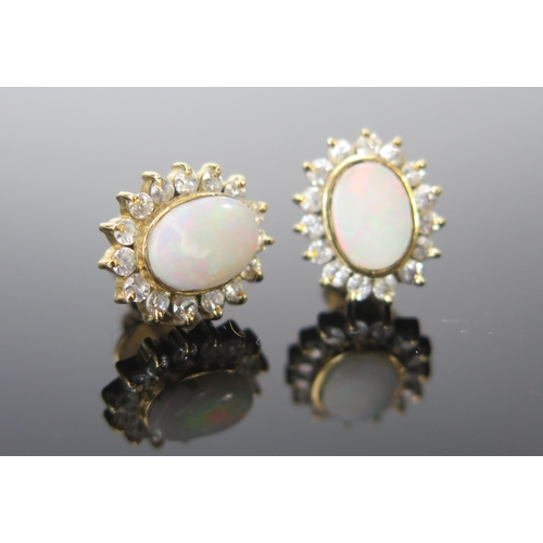 103 - A Pair of 18K Gold, Opal and Diamond Cluster Earrings, 13.5x11.5mm heads, 5.5g