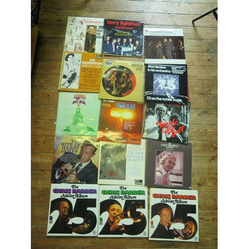 1044 - A collection of 33RPM records including the Beatles, jazz artists including Brubeck, Miles Davis, Os... 