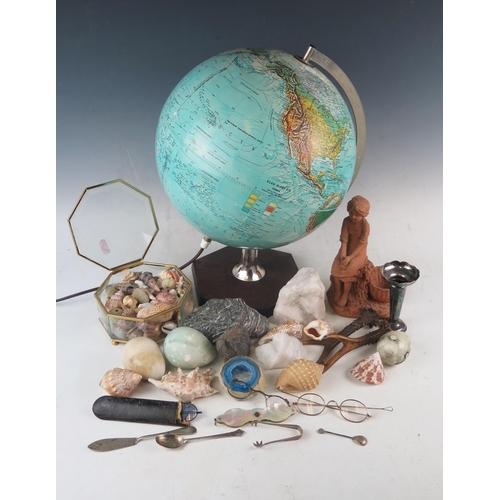 1048 - A Danish 12ins illuminated globe, assorted seashells, minerals, a child's Singer sewing machine, sil... 