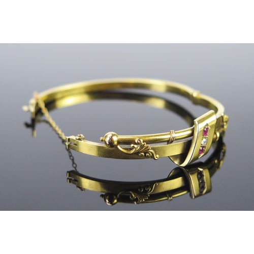 106 - An Antique 15ct Gold, Diamond and Red Stone Hinged Bangle, Birmingham 1903, 9g