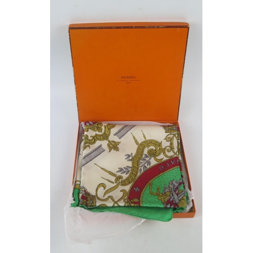 1074A - Hermes, Paris, a printed silk scarf 'Monaco' pattern : 85 x 85cm. in original orange Hermes card box... 