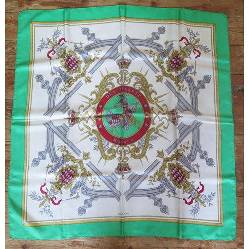 1074A - Hermes, Paris, a printed silk scarf 'Monaco' pattern : 85 x 85cm. in original orange Hermes card box... 