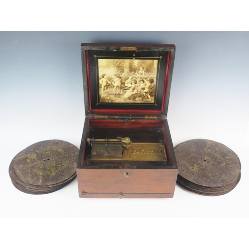 1087 - A late 19th century table top polyphon, contained in a mahogany case, with monochrome print to the l... 