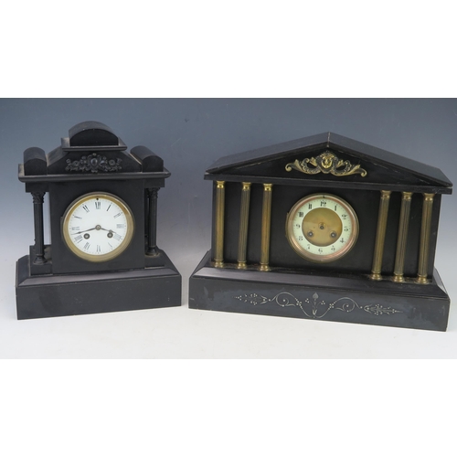 1106 - A late Victorian polished slate mantel clock of architectural outline, with 9.5cm ivorine dial the c... 