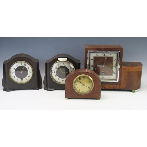 1108 - An Art Deco period walnut mantel clock, with 13cm silvered square Roman dial, the movement striking ... 