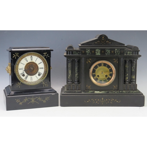 1110 - A late Victorian polished slate and marble mantel clock of architectural form, with 9.5cm slate dial... 