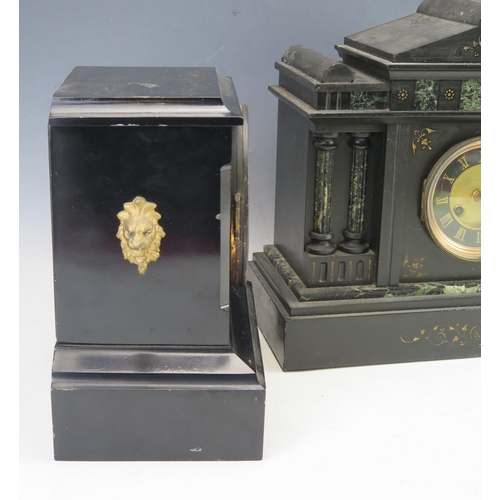 1110 - A late Victorian polished slate and marble mantel clock of architectural form, with 9.5cm slate dial... 