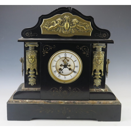 1125 - A large late Victorian polished slate mantel clock of arched outline, with applied gilt metal female... 