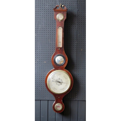 1127 - L. Solomons, Bath, a 19th century mahogany and boxwood strung wheel barometer, with broken swan neck... 