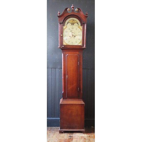 1132 - A 19th century oak and crossbanded longcase clock, the hood with arched broken swan neck pediment, f... 