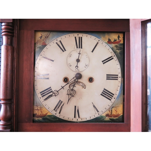 1133 - An early 19th century  mahogany, oak and crossbanded longcase clock, the arched hood with broken swa... 