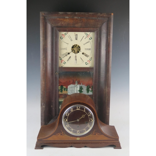 1136 - An Edwardian mahogany and inlaid mantel clock of arched outline, with 15cm ivorine Arabic chapter ri... 