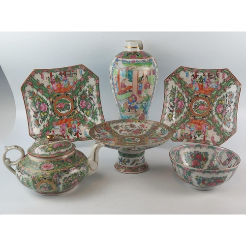 1164 - A collection of Canton famille rose export wares includes teapot, pedestal dish, two plates, bowl, t... 