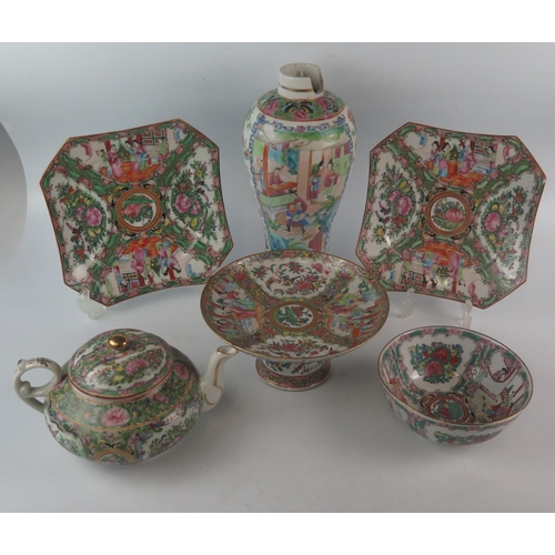 1164 - A collection of Canton famille rose export wares includes teapot, pedestal dish, two plates, bowl, t... 