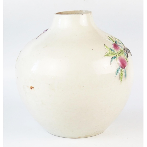 1168 - A Chinese pottery bottle vase, of ovoid form, with low relief fruit and foliate decoration, (neck re... 