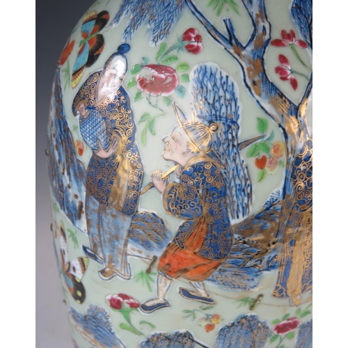 1170 - A pair of Chinese crackle glaze vases, of ovoid form decorated with exotic birds amongst flowering s... 