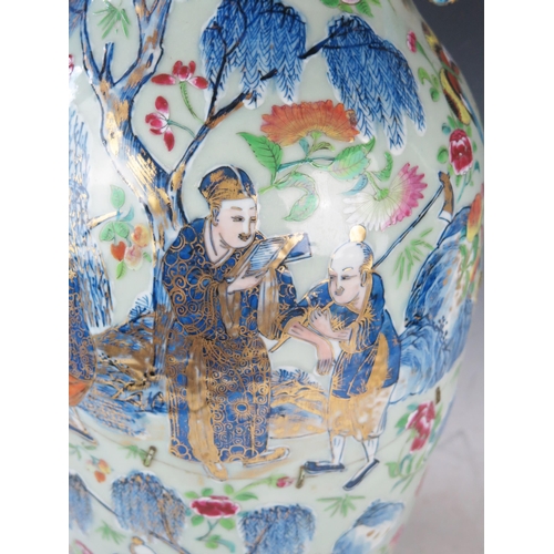 1170A - Large Chinese Famille Rose Vase, the central decoration depicts figures collecting butterflies and i... 