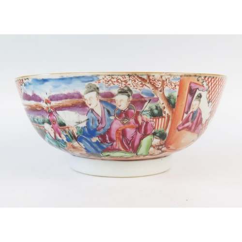 1172 - A Chinese export porcelain bowl, decorated with figures in garden landscapes, 23cm diameter, a/f.