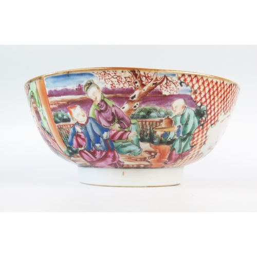 1172 - A Chinese export porcelain bowl, decorated with figures in garden landscapes, 23cm diameter, a/f.